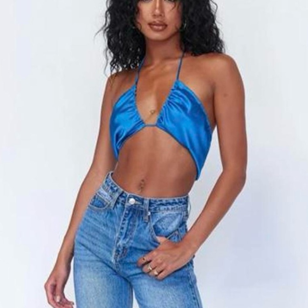 Princess Polly Satin Blue Halter Crop Top